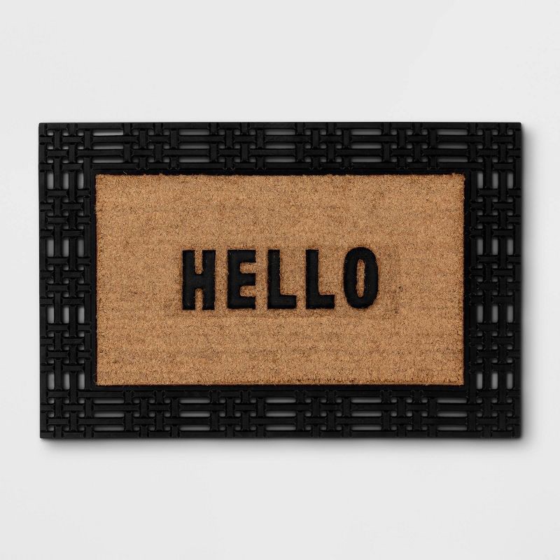 slide 1 of 4, 1'11"x2'11" 'Hello' Rubber Coir Doormat Natural/Black - Threshold™: Outdoor Welcome Mat, Front Door Decor, 1 ct
