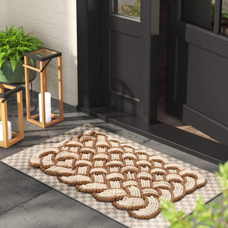 slide 2 of 4, 1'6"x2'6" Lovers Knot Coir Doormat Cream/Brown - Threshold™: Outdoor High Pile Basket Weave Front Door Mat, 1 ct