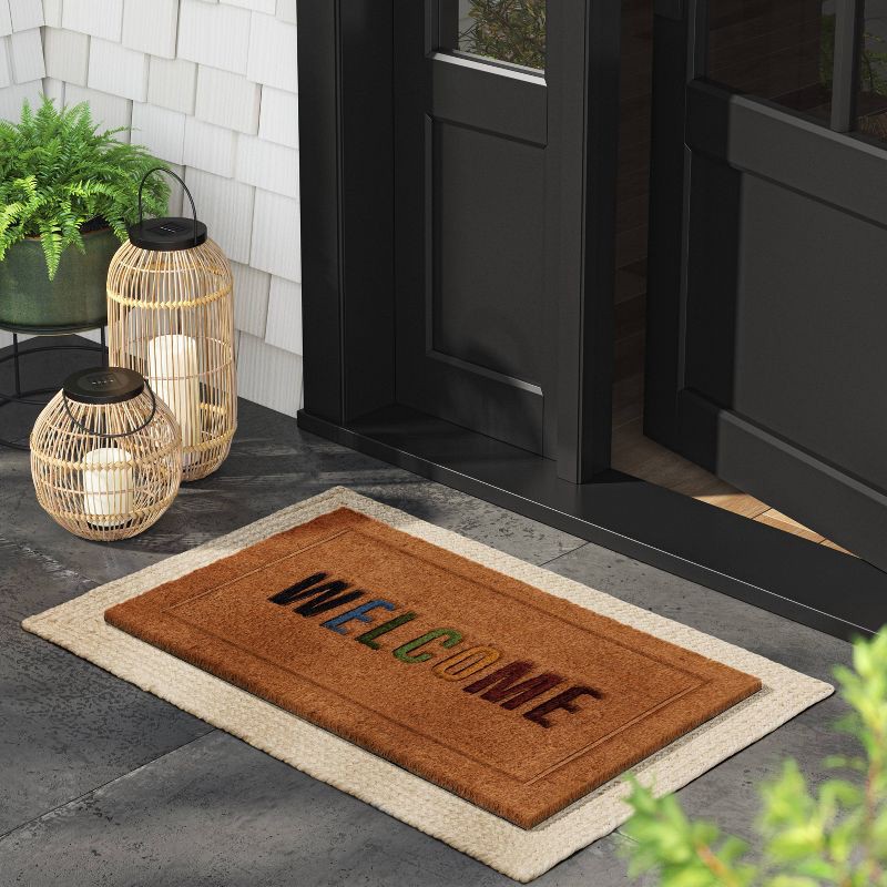 slide 2 of 4, 1'6"x2'6" 'Welcome' Coir Doormat Multi/Natural - Threshold™: Outdoor Rug, Rainbow Pattern, Medium Pile, 1 ct