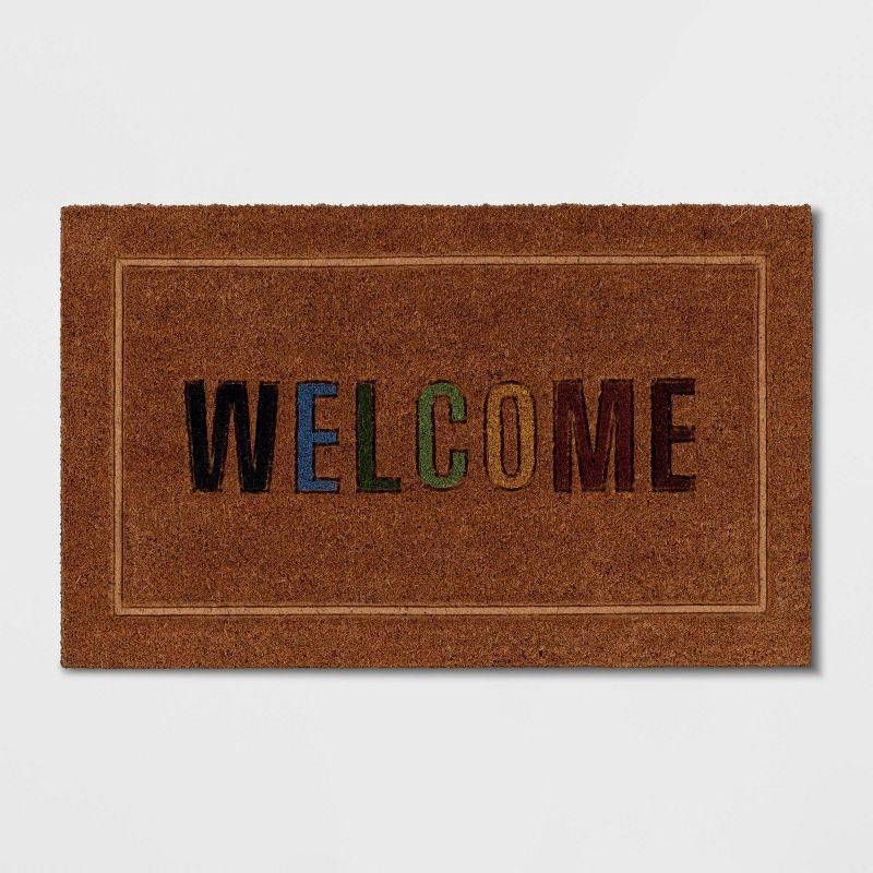 slide 1 of 4, 1'6"x2'6" 'Welcome' Coir Doormat Multi/Natural - Threshold™: Outdoor Rug, Rainbow Pattern, Medium Pile, 1 ct