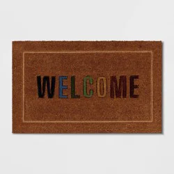 1'6"x2'6" 'Welcome' Coir Doormat Multi/Natural - Threshold™: Outdoor Rug, Rainbow Pattern, Medium Pile