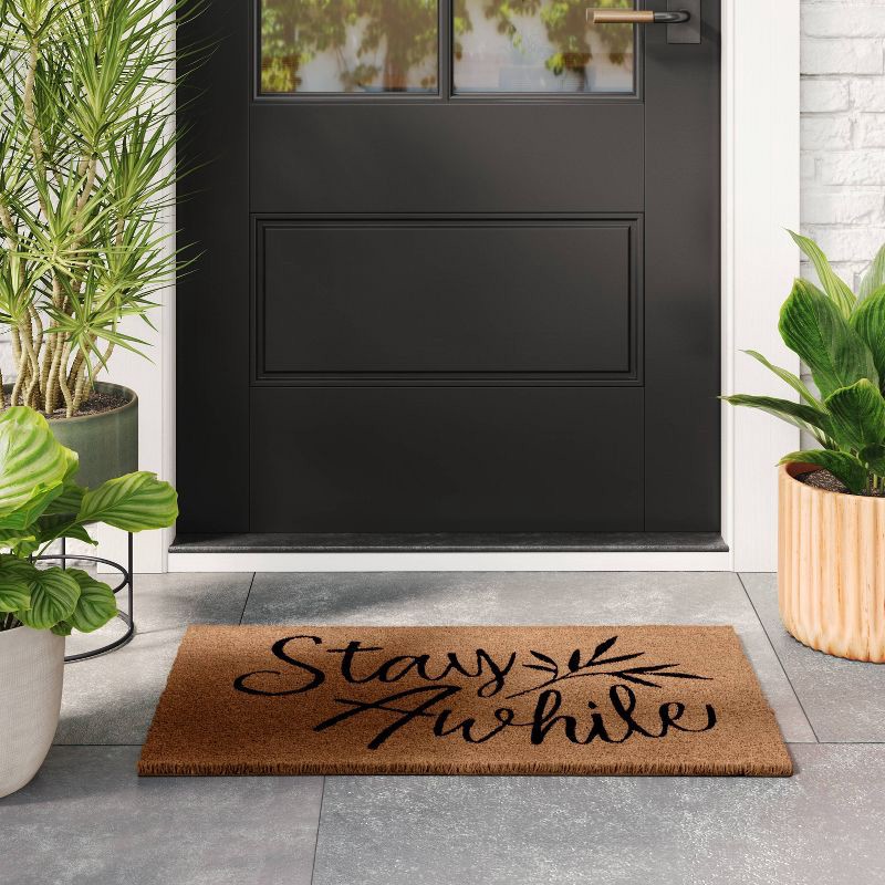 slide 2 of 4, 1'6"x2'6" Stay Awhile Coir Doormat Natural - Threshold™: Outdoor Welcome Mat, Medium Pile, Rectangle Shape, 1 ct