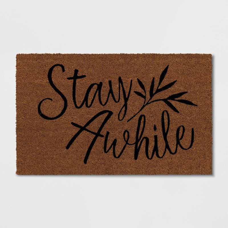 slide 1 of 4, 1'6"x2'6" Stay Awhile Coir Doormat Natural - Threshold™: Outdoor Welcome Mat, Medium Pile, Rectangle Shape, 1 ct
