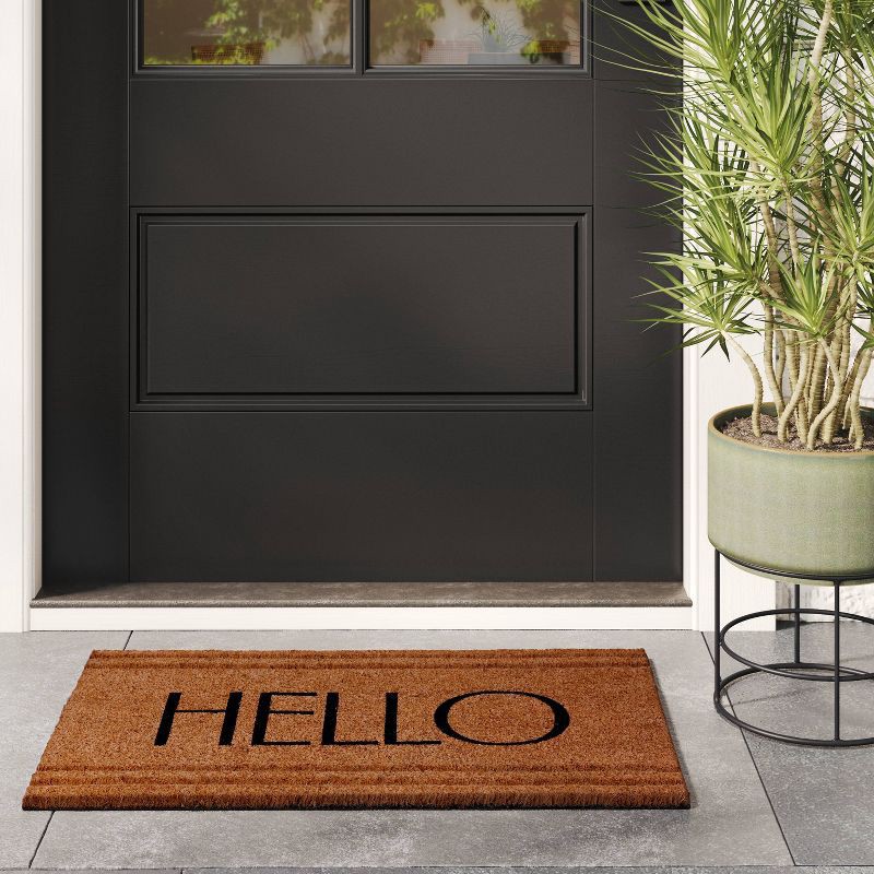 slide 2 of 4, 1'6"x2'6" 'Hello' Stripe Border Coir Doormat Natural - Threshold™: Outdoor Welcome Mat, Rectangle, Medium Pile, 1 ct