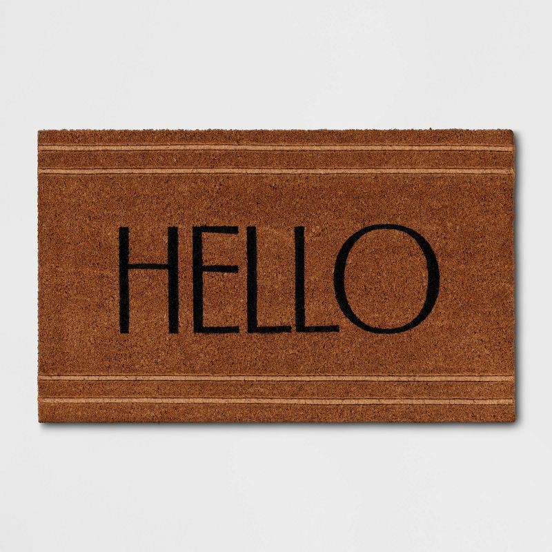 slide 1 of 4, 1'6"x2'6" 'Hello' Stripe Border Coir Doormat Natural - Threshold™: Outdoor Welcome Mat, Rectangle, Medium Pile, 1 ct