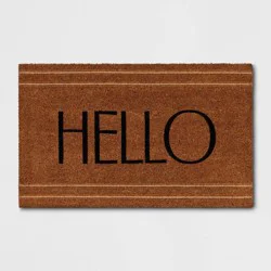 1'6"x2'6" 'Hello' Stripe Border Coir Doormat Natural - Threshold™: Outdoor Welcome Mat, Rectangle, Medium Pile