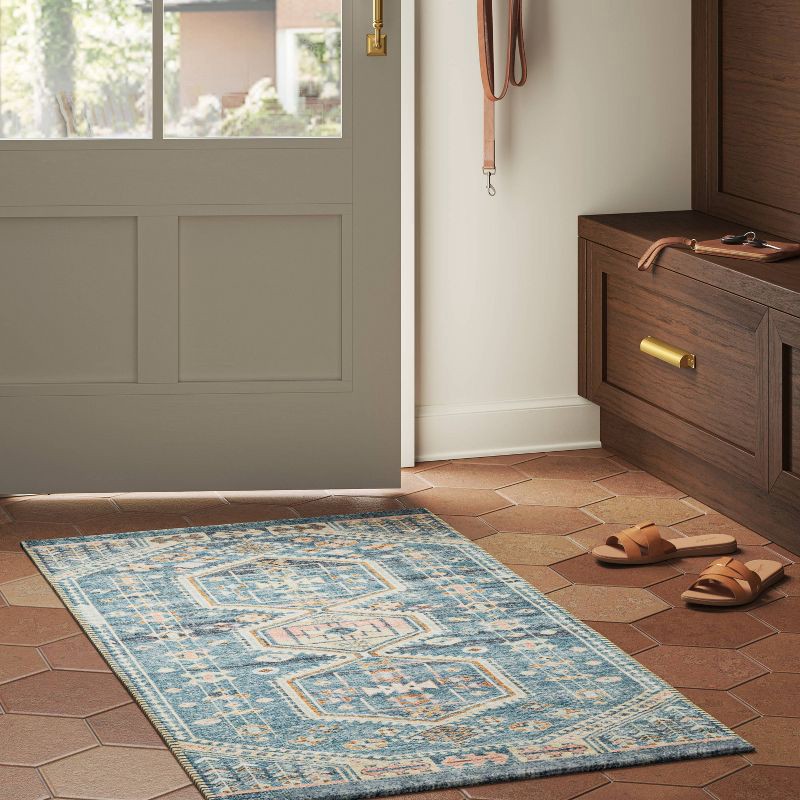 slide 2 of 4, 2'3"x3'9" Washable Persian Style Medallion Accent Rug Blue - Threshold™: Traditional Flat Pile, Machine Washable, 1 ct