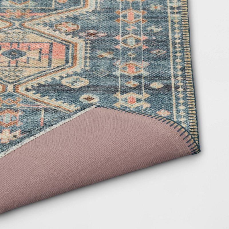 slide 4 of 4, 2'3"x3'9" Washable Persian Style Medallion Accent Rug Blue - Threshold™: Traditional Flat Pile, Machine Washable, 1 ct
