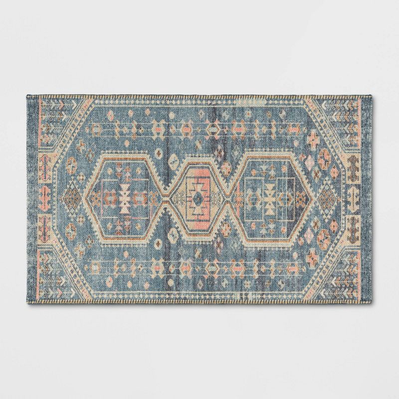 slide 1 of 4, 2'3"x3'9" Washable Persian Style Medallion Accent Rug Blue - Threshold™: Traditional Flat Pile, Machine Washable, 1 ct