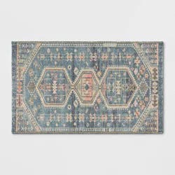 2'3"x3'9" Washable Persian Style Medallion Accent Rug Blue - Threshold™: Traditional Flat Pile, Machine Washable