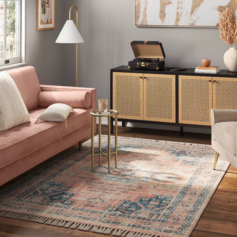 slide 2 of 4, 5'x7' Washable Fringed Medallion Area Rug Rust - Threshold™, 1 ct