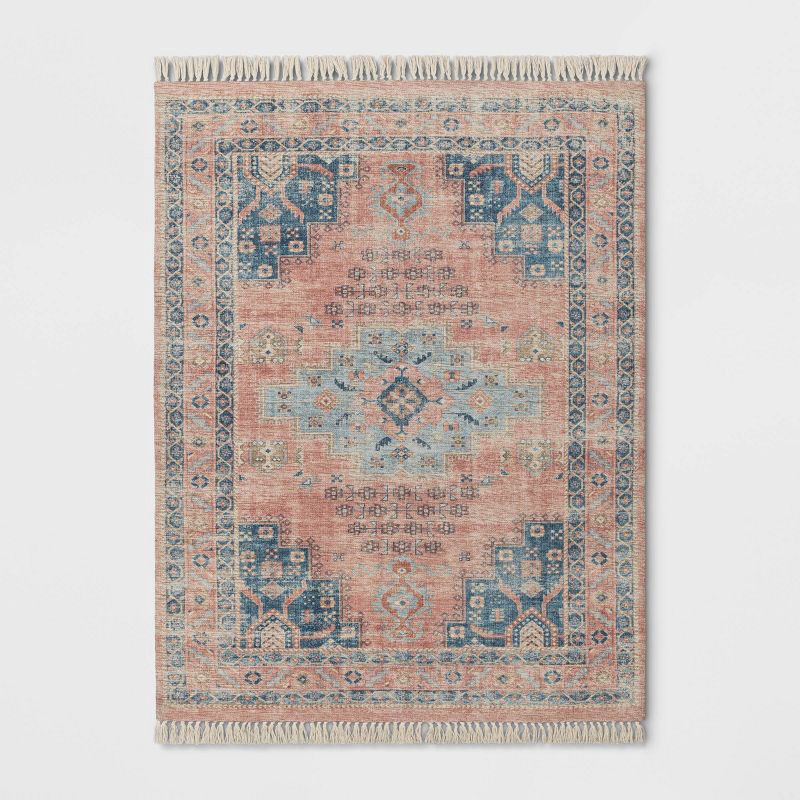 slide 1 of 4, 5'x7' Washable Fringed Medallion Area Rug Rust - Threshold™, 1 ct