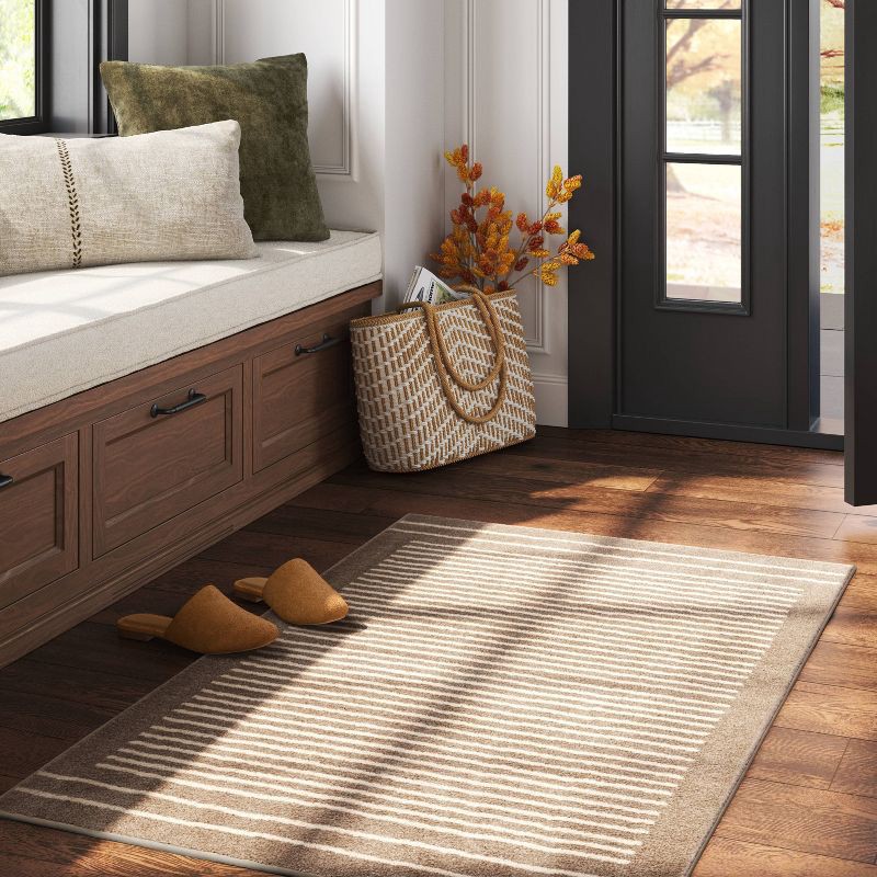 slide 2 of 4, 2'6"x4' Washable Knitted Stripe Accent Rug Tan - Threshold™: Indoor Low Pile Rectangle, Machine Washable, 1 ct