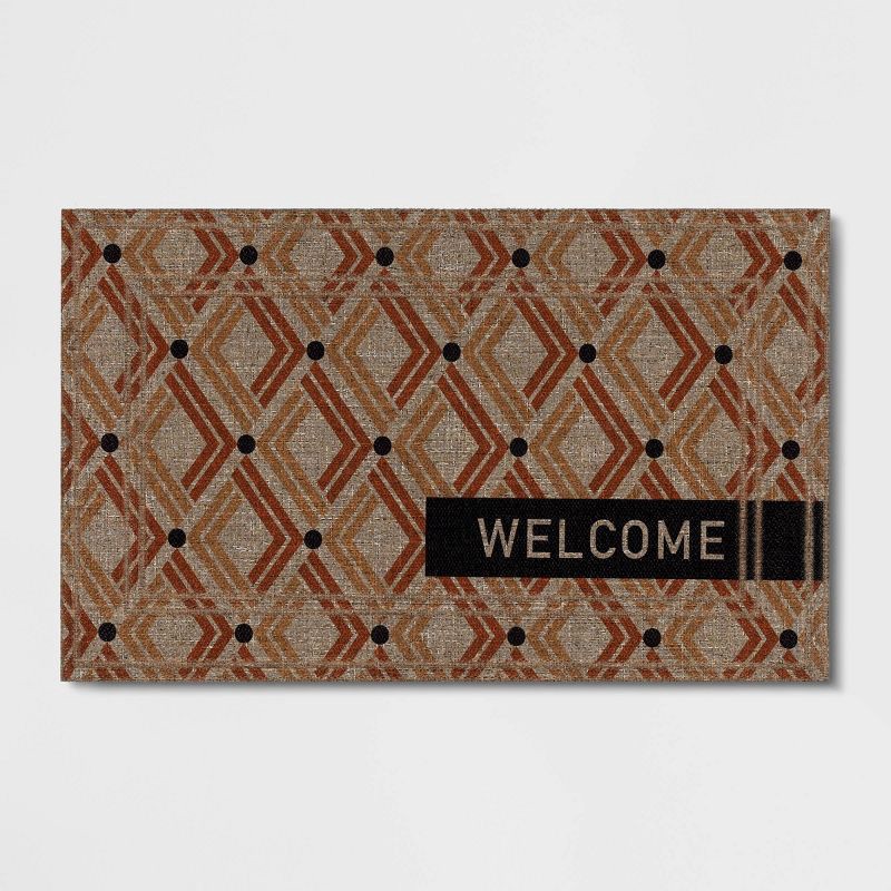 slide 1 of 4, 1'6"x2'6" 'Welcome' Double Diamond Mat Tan - Apache Mills: Outdoor Floor Mat, Recycled Rubber, Quick-Drying, Geometric Pattern, 1 ct