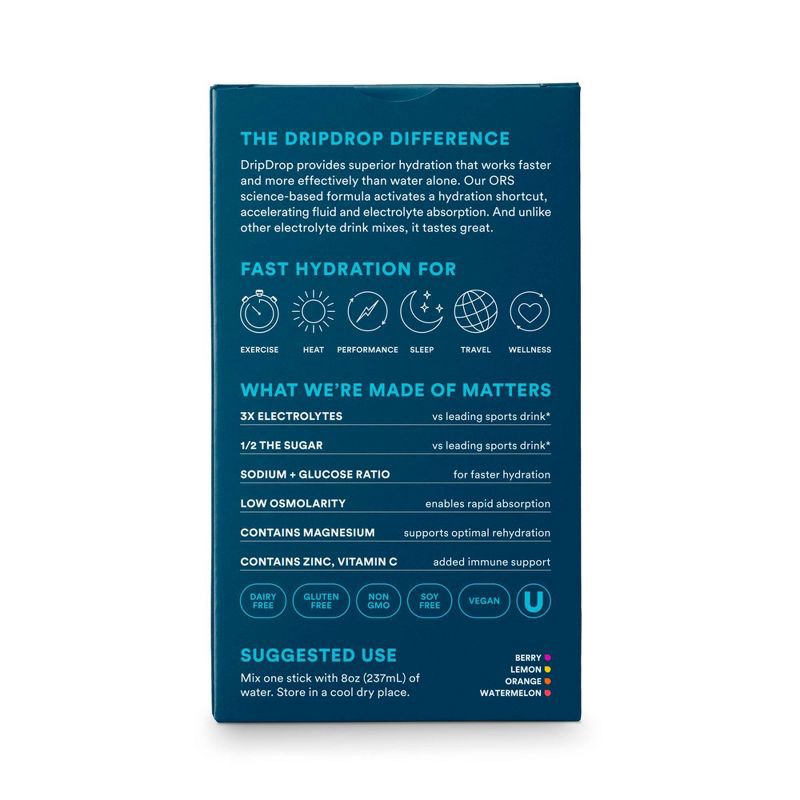 slide 6 of 10, DripDrop Hydration Powder Vegan Electrolyte Supplements - Bold Variety - Berry, Lemon, Orange, Watermelon - 0.35oz/12ct, 0.35 oz, 12 ct