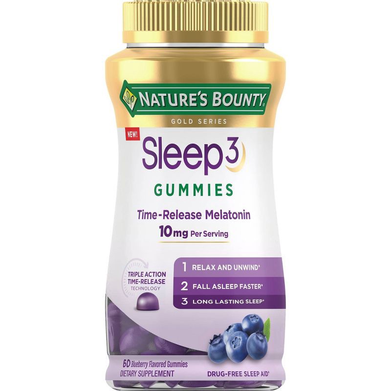 slide 1 of 6, Nature's Bounty Sleep 3 Time Released 10mg Melatonin Gummies - Blueberry - 60ct, 60 ct; 10 mg