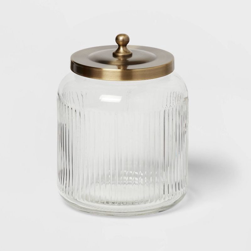 slide 3 of 4, Medium Glass Bath Canister Brass - Threshold™: Elegant Storage Jar with Lid for Bathroom Organization, 43.9oz Capacity, 43.9 oz