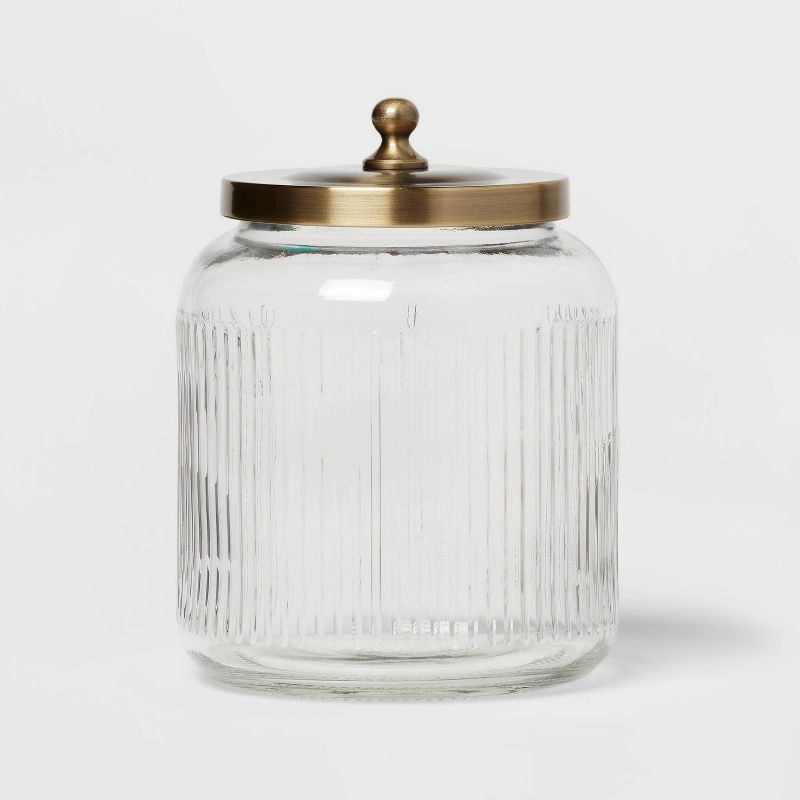 slide 1 of 4, Medium Glass Bath Canister Brass - Threshold™: Elegant Storage Jar with Lid for Bathroom Organization, 43.9oz Capacity, 43.9 oz