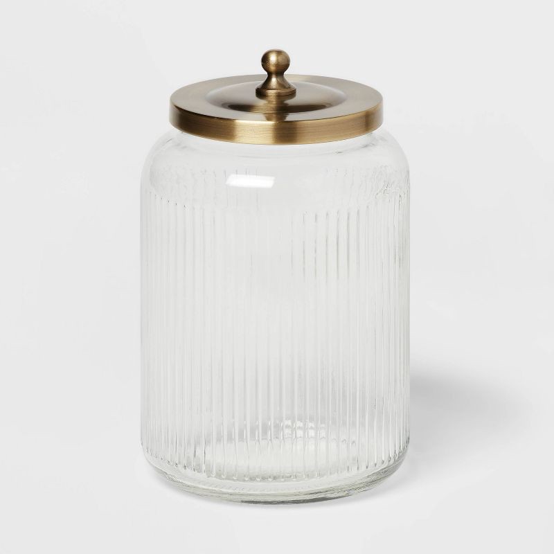 slide 3 of 4, Large Bath Glass Canister Brass - Threshold™: Elegant Storage Solution for Bathroom Essentials, 57.4oz Capacity, 57.4 oz