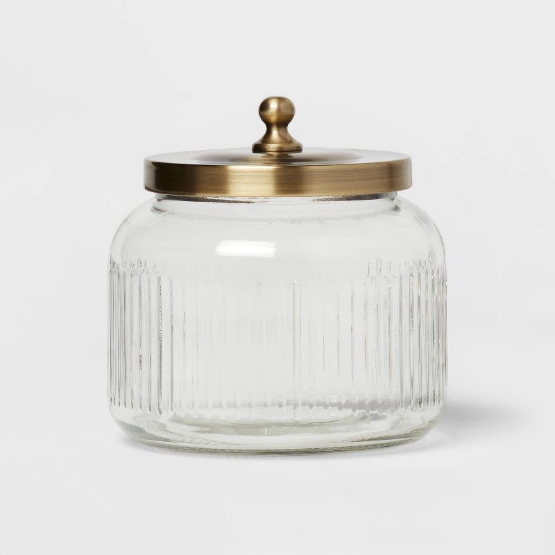 slide 1 of 4, Small Glass Bath Canister Brass - Threshold™: Elegant Storage Container with Lid for Bathroom Organization, 1 ct