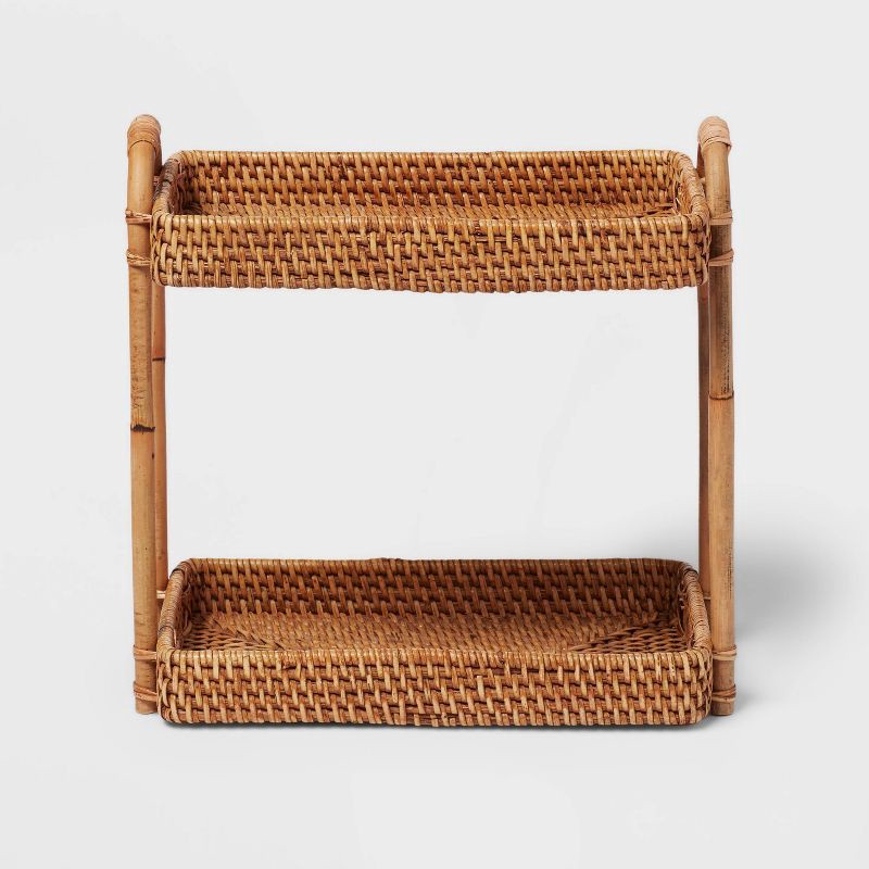 slide 1 of 4, Natural Woven Tiered Vanity Bathroom Tray - Threshold™: Rattan Countertop Storage Accessory, Spot Clean, 1 ct