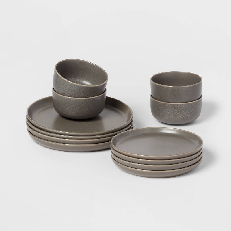 slide 1 of 5, 12pc Stoneware Tilley Dinnerware Set Bronze - Threshold™: Microwave & Dishwasher Safe, Service for 4, Solid Pattern, 12 ct