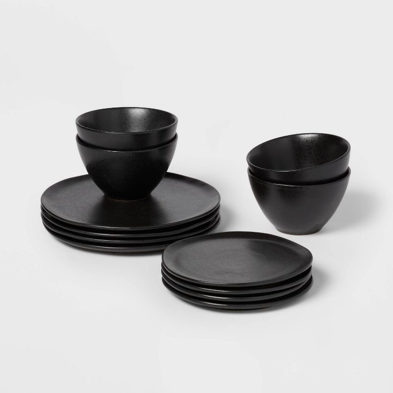 slide 1 of 5, 12pc Earthenware Houlton Dinnerware Set Black - Threshold™: Solid Plate & Bowl Dish Set, Microwave & Dishwasher Safe, 12 ct