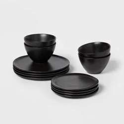 12pc Earthenware Houlton Dinnerware Set Black - Threshold™: Solid Plate & Bowl Dish Set, Microwave & Dishwasher Safe