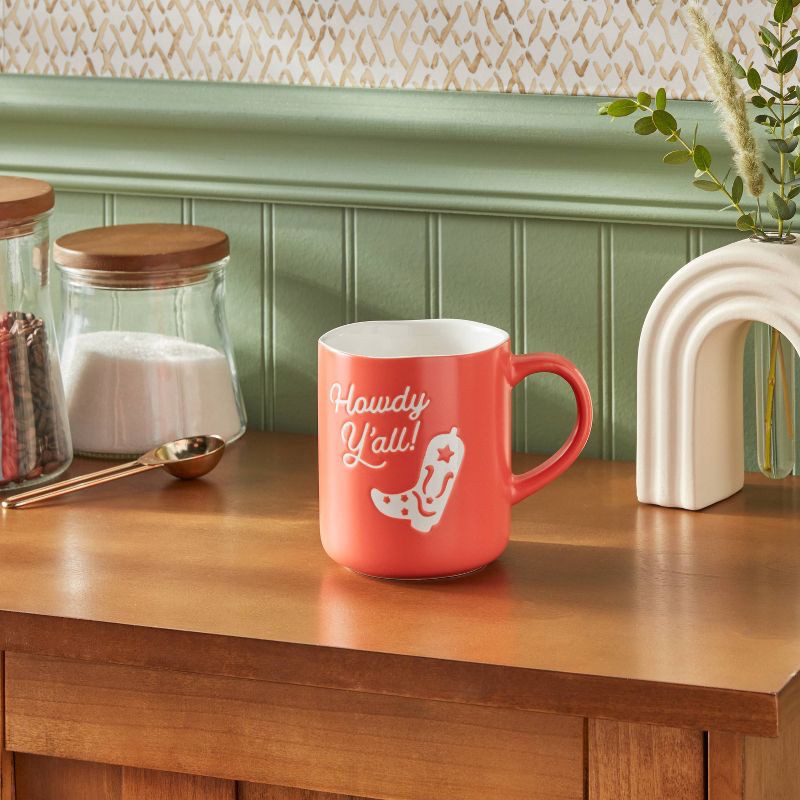 slide 2 of 3, 16oz Stoneware 'Howdy Y'all!' Mug Red - Opalhouse™: Coffee Mugs, Microwave & Dishwasher Safe, Hot/Cold Beverages, 16 oz