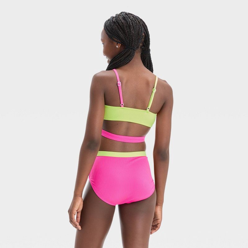 Girls' 3pc Ribbed Colorblock Cropped Rash Guard Swimwear Set - art