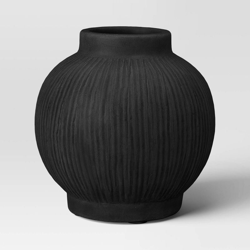 slide 1 of 3, Round Ceramic Vase Black - Threshold™: Watertight Tabletop Decor, 7.25" Bouquet Holder, 1 ct