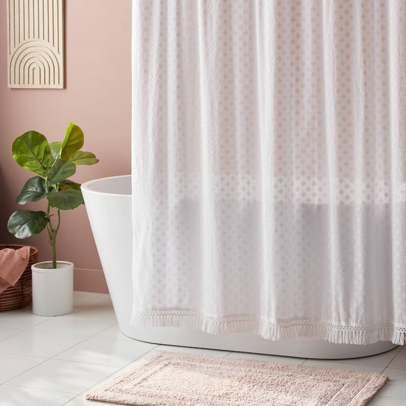 slide 2 of 4, Textured Crochet Trim Shower Curtain White - Threshold™: Cotton Dobby Weave, Buttonhole Top, OEKO-TEX Certified, 1 ct