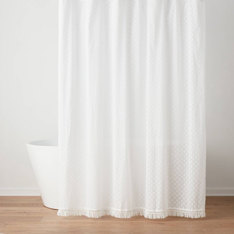 slide 1 of 4, Textured Crochet Trim Shower Curtain White - Threshold™: Cotton Dobby Weave, Buttonhole Top, OEKO-TEX Certified, 1 ct