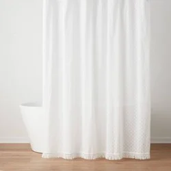 Textured Crochet Trim Shower Curtain White - Threshold™: Cotton Dobby Weave, Buttonhole Top, OEKO-TEX Certified