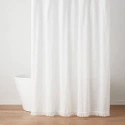Textured Crochet Trim Shower Curtain White - Threshold™: Cotton Dobby Weave, Buttonhole Top, OEKO-TEX Certified