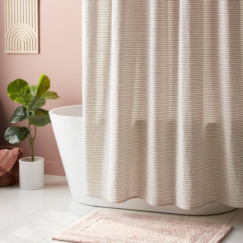 slide 2 of 4, Woven Dotted Line Shower Curtain - Threshold™: Cotton Fabric, Buttonhole Top, Machine Washable, 1 ct