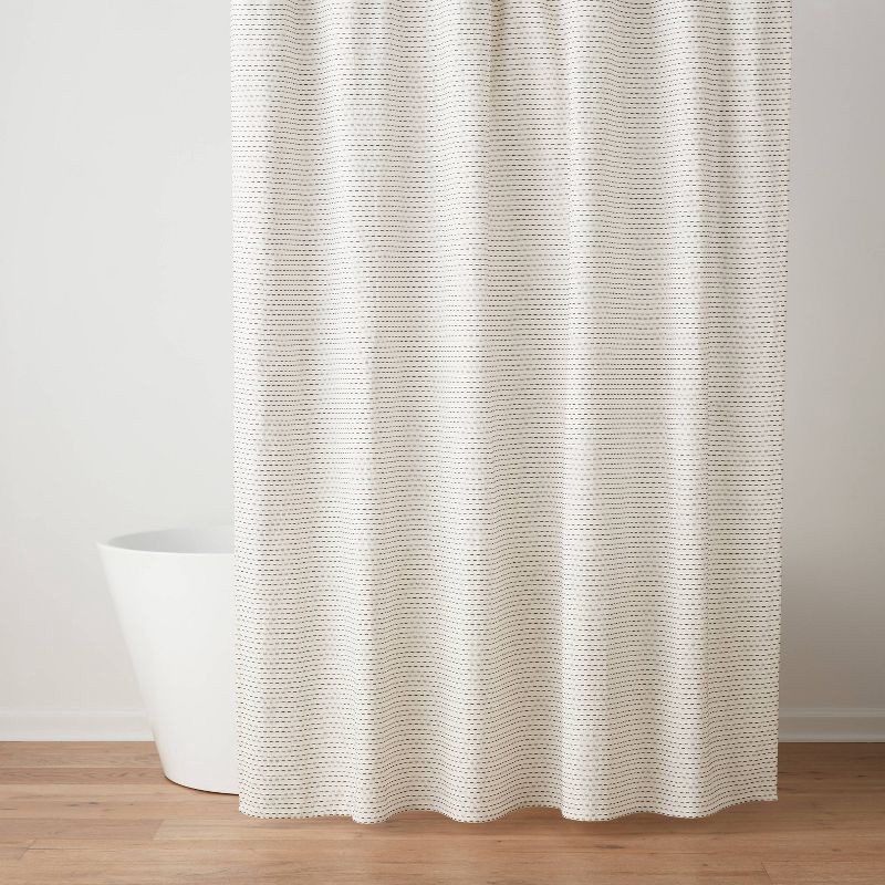 slide 1 of 4, Woven Dotted Line Shower Curtain - Threshold™: Cotton Fabric, Buttonhole Top, Machine Washable, 1 ct