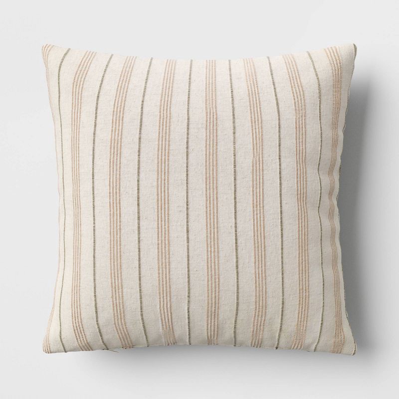 slide 1 of 4, Cotton Flax Woven Striped Square Throw Pillow Beige - Threshold™: Decorative Accent, 1 ct