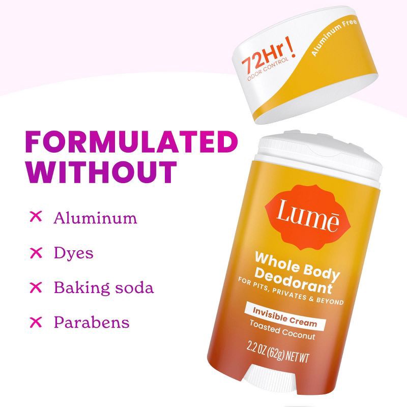 slide 3 of 9, Lume Whole Body Women's Invisible Cream Stick Deodorant Toasted Coconut Scent - Aluminum-Free 2.2oz, 2.2 oz