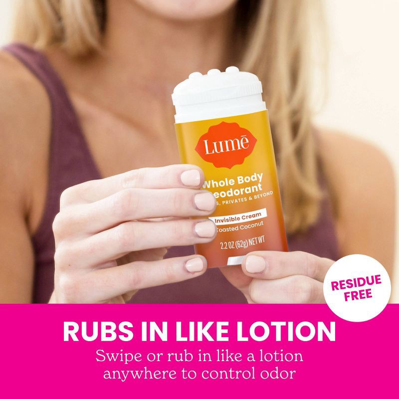 slide 8 of 9, Lume Whole Body Women's Invisible Cream Stick Deodorant Toasted Coconut Scent - Aluminum-Free 2.2oz, 2.2 oz