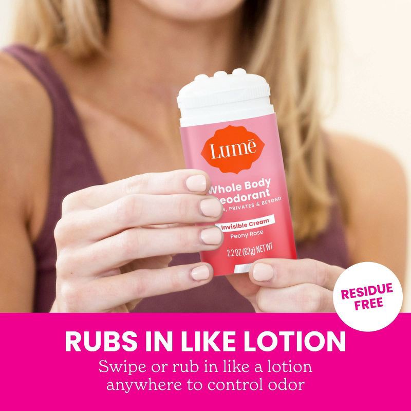slide 8 of 9, Lume Whole Body Women's Invisible Cream Stick Deodorant Peony Rose Scent - Aluminum-Free 2.2oz, 2.2 oz