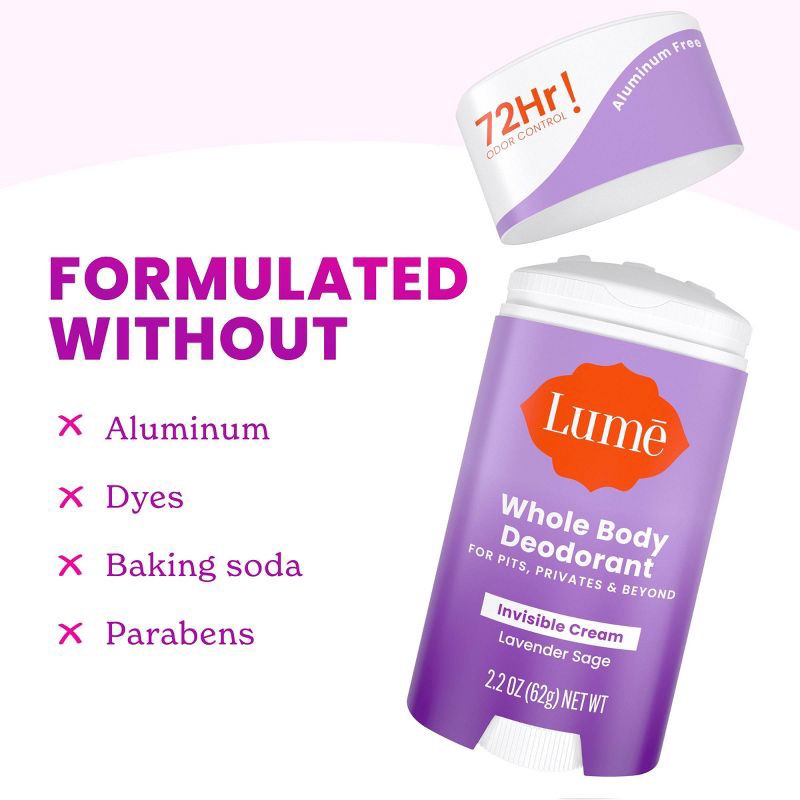 slide 3 of 9, Lume Whole Body Women's Invisible Cream Stick Deodorant - Lavender Sage Scent - Trial Size - Aluminum-Free 2.2oz, 2.2 oz