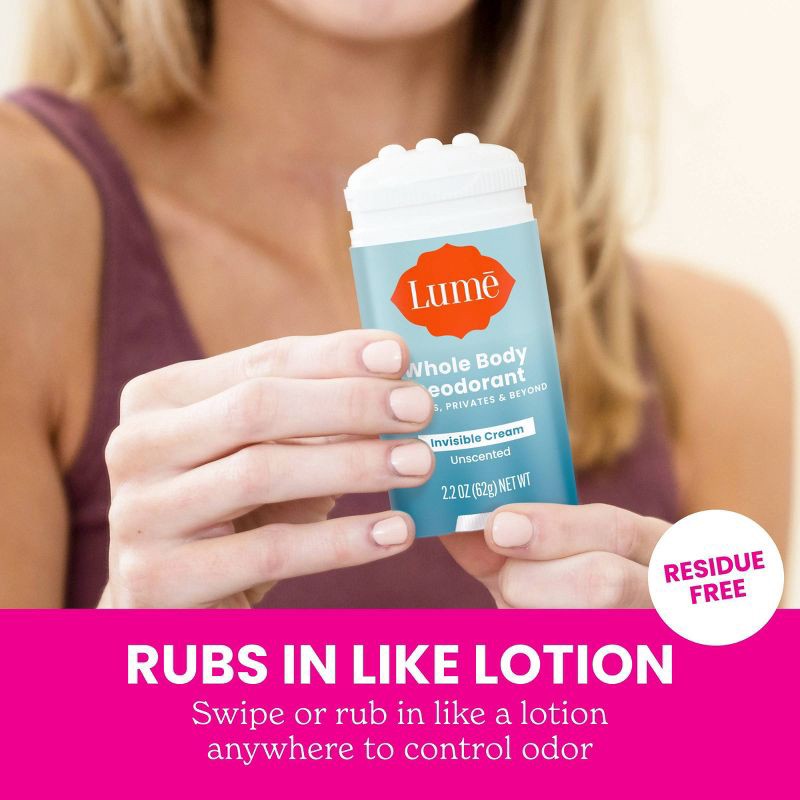 slide 8 of 9, Lume Whole Body Women's Invisible Cream Stick Deodorant - Unscented - Trial Size - Aluminum-Free 2.2oz, 2.2 oz