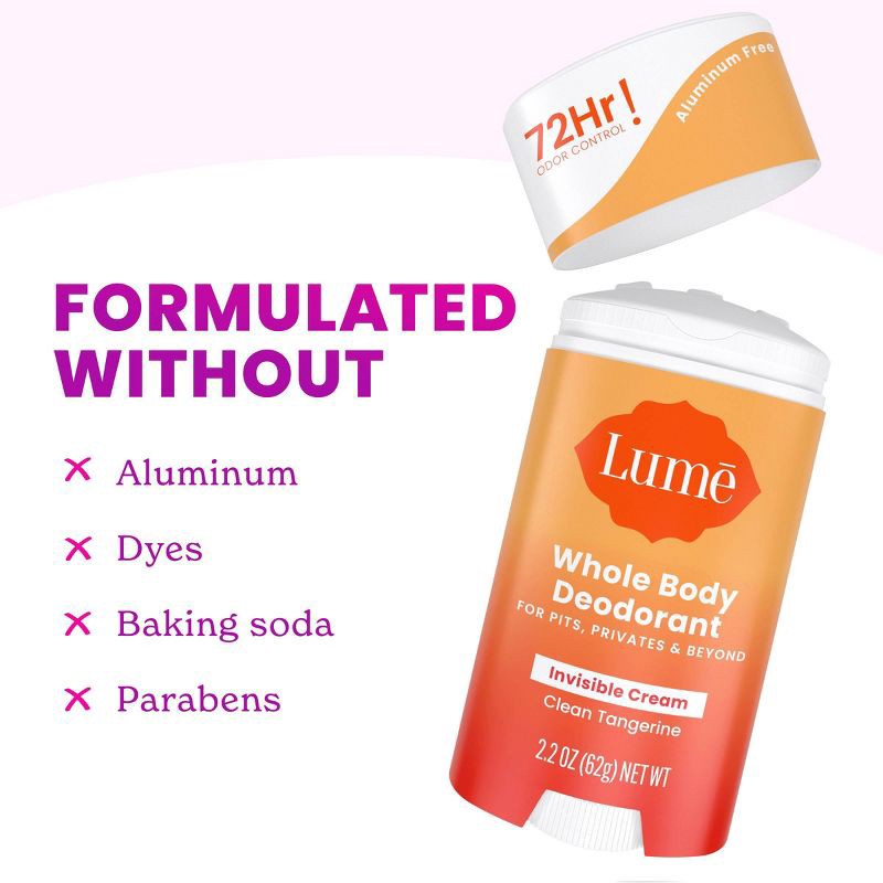 slide 3 of 11, Lume Whole Body Women's Invisible Cream Stick Deodorant - Clean Tangerine Scent - Trial Size - Aluminum-Free 2.2oz, 2.2 oz