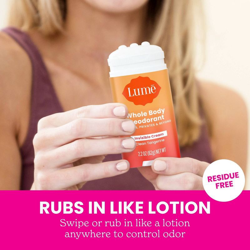 slide 9 of 11, Lume Whole Body Women's Invisible Cream Stick Deodorant - Clean Tangerine Scent - Trial Size - Aluminum-Free 2.2oz, 2.2 oz