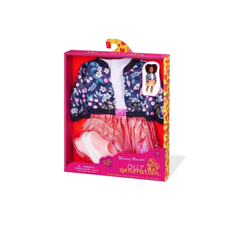 slide 5 of 5, Our Generation Bloomy Blossom Floral Jacket & Skirt Outfit for 18" Dolls: Doll Clothing Set with 5 Pieces, 1 ct