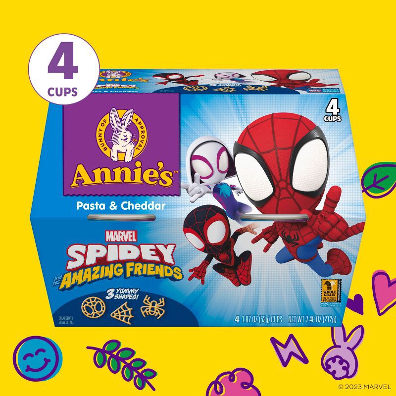slide 5 of 7, Annie's Spidey Shapes & Cheddar Mac and Cheese Microwavable Cups - 8.04oz / 4pk, 8.04 oz, 4 ct