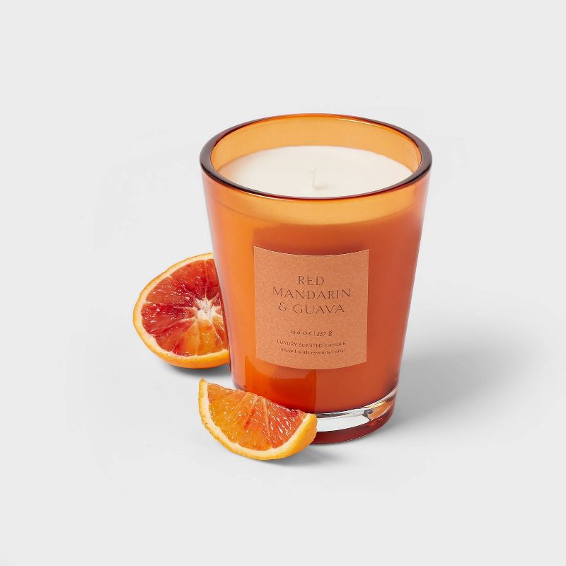 slide 3 of 5, 12.6oz Colored Vase Glass with Dustcover Mandarin ; Guava Candle Orange - Threshold™: Palm Wax Jar, 52hr Burn Time, 12.6 oz