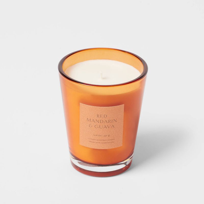 slide 4 of 5, 12.6oz Colored Vase Glass with Dustcover Mandarin ; Guava Candle Orange - Threshold™: Palm Wax Jar, 52hr Burn Time, 12.6 oz