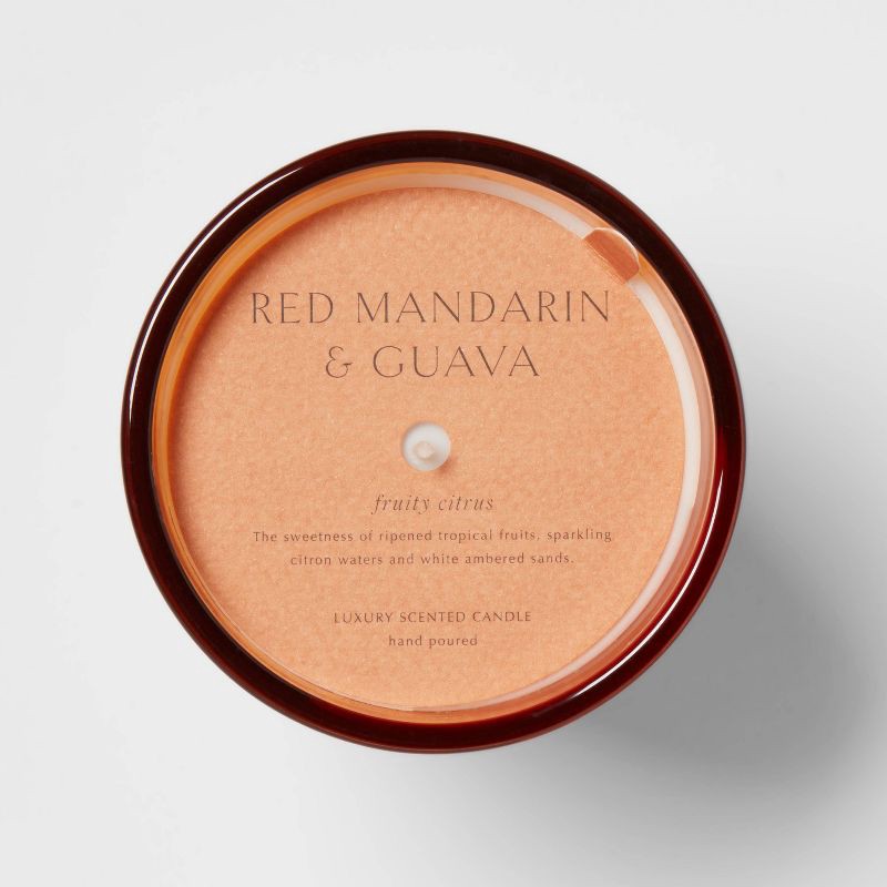 slide 5 of 5, 12.6oz Colored Vase Glass with Dustcover Mandarin ; Guava Candle Orange - Threshold™: Palm Wax Jar, 52hr Burn Time, 12.6 oz